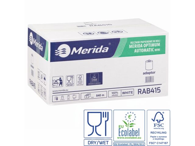 MERIDA OPTIMUM AUTOMATIC MINI roll paper towel with adapter, white, diameter 14.5 cm, length 140 m, two-ply, box of 6 rolls, ECOLABEL